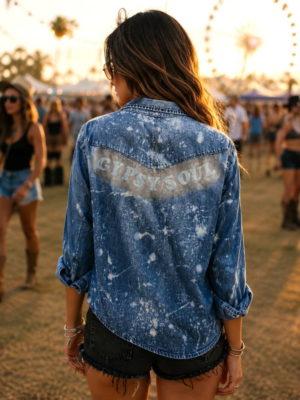 Upcycled Bleach Distressed Denim Shirt, Painted Gypsy Soul Blue Silver Sz Medium